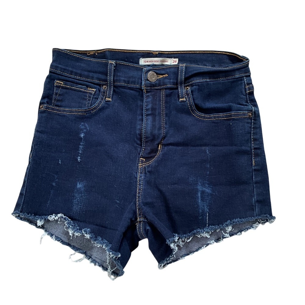 Levis 724 High Rise Straight Dark Wash Distressed Raw Hem Denim Shorts Size 26